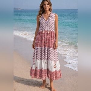 Chelsea & Theodore 100% Rayon Mixed Pattern Maxi Dress w/ Gold Trim Size 1X